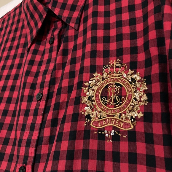 Lauren Ralph Lauren Red Black Checkered Button Down Large Crest Logo Size Large - Picture 2 of 12
